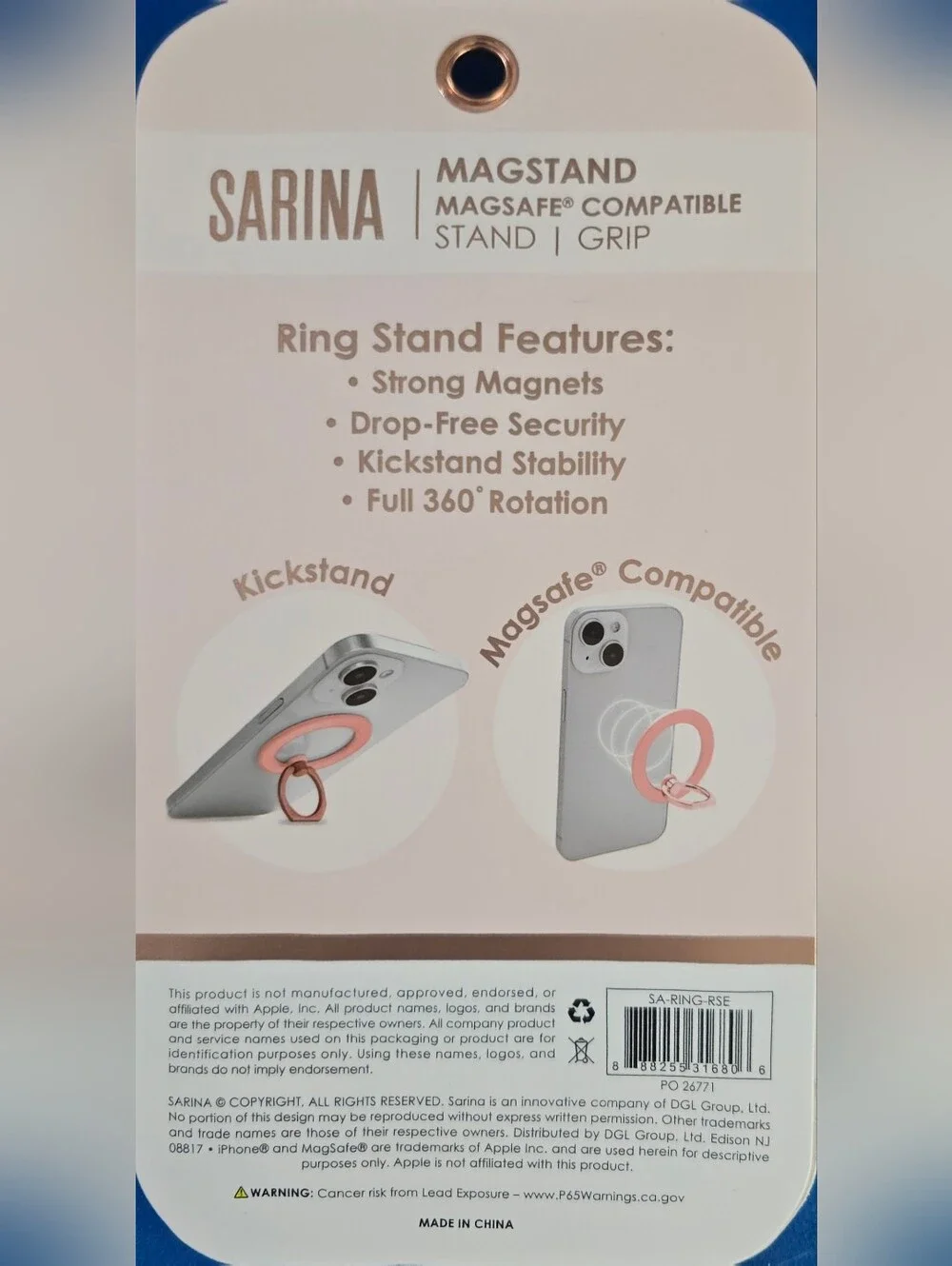NEW Sarina MagStand MagSafe Compatible Phone Ring Grip - Rose Gold